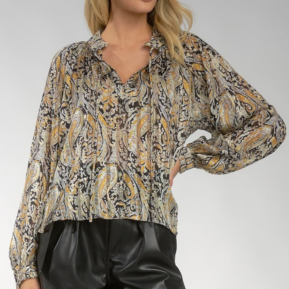 NWT - Elan Cera Black and Gold Paisley Long Sleeve Top